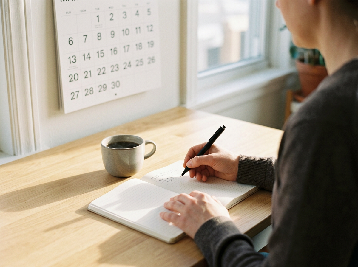 Person writing in a notebook at a sunlit table beneath a wall calendar, representing Mississippi child support matters.