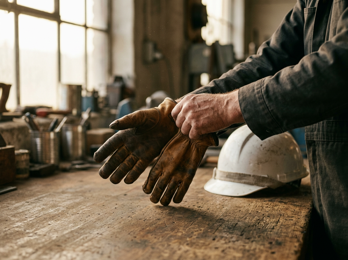 Worker pulling on leather gloves beside a hard hat in a workshop, representing Mississippi workers' compensation claims.