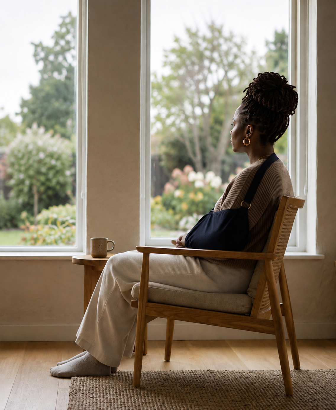 A woman sits in a chair looking out of a large window with a sling on her arm, representing personal injury attorneys in Mississippi.