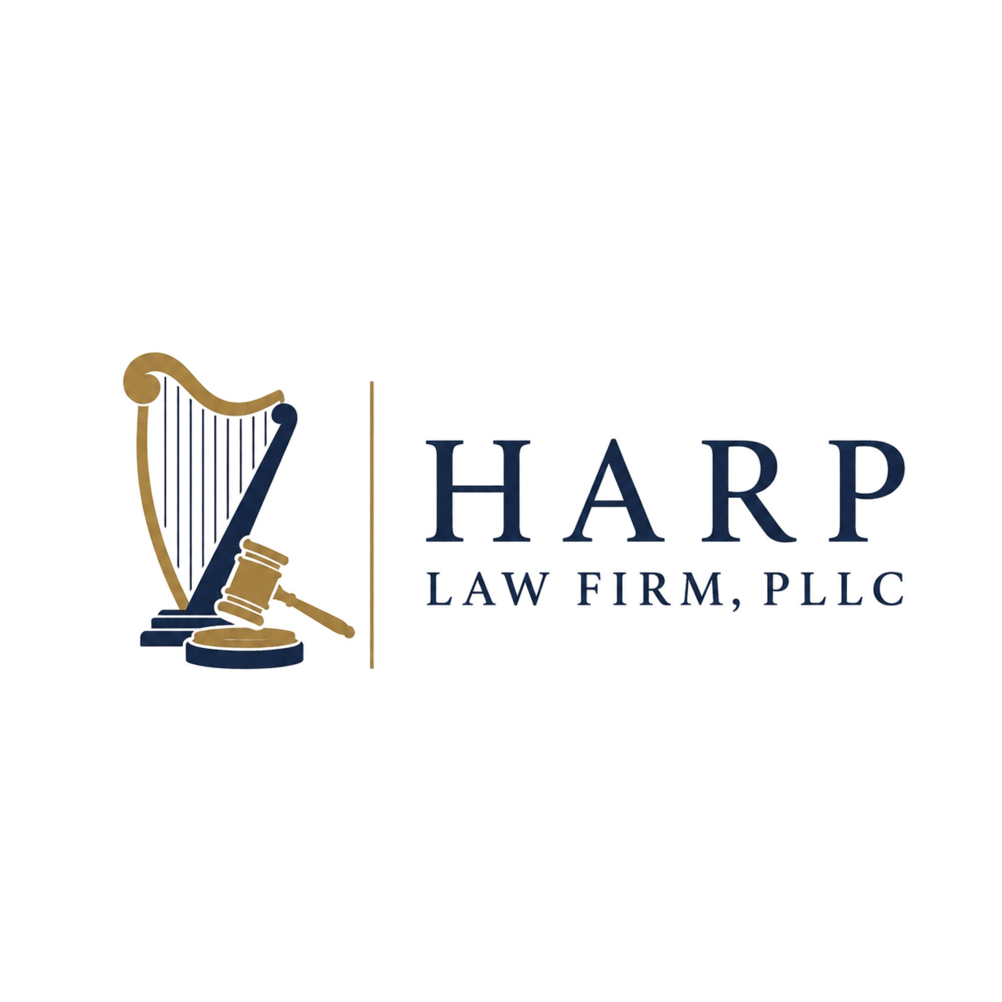 A navy and gold logo featuring a harp and a gavel, representing Harp Law Firm, PLLC in Mississippi.