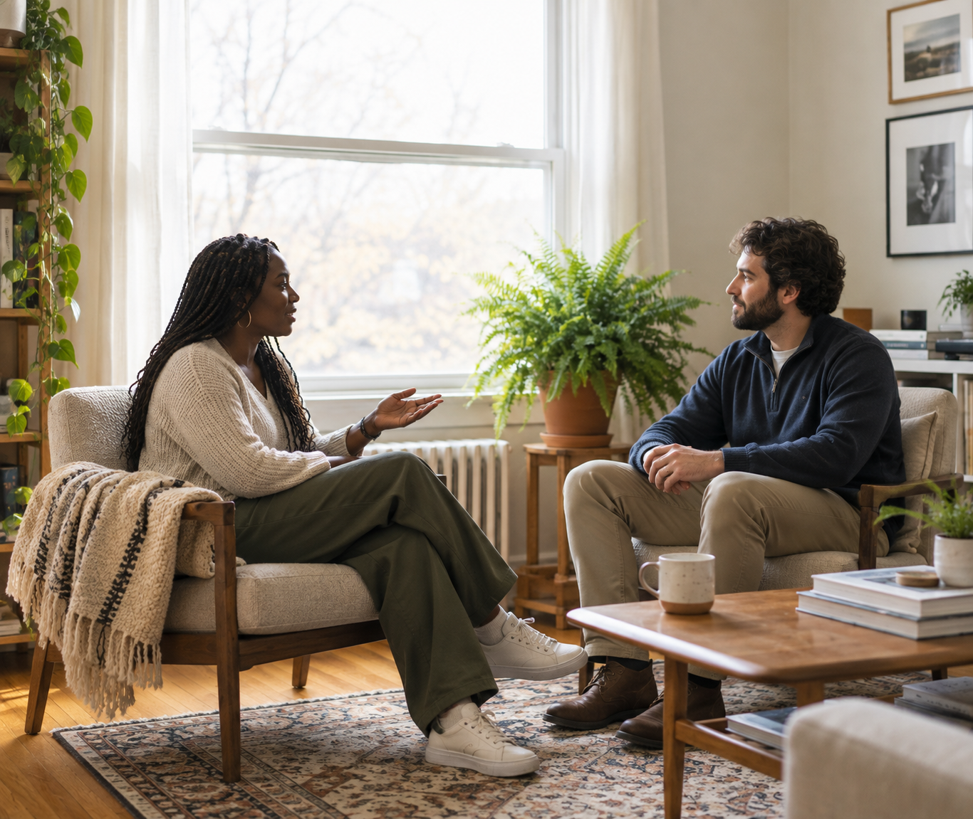 A couple having a conversation in a sunlit room, representing health care directive services in Mississippi.
