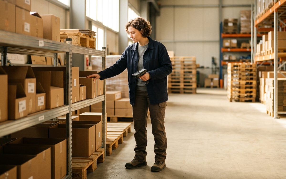 Worker checking inventory in a warehouse, representing personal injury and workers' compensation claims in Mississippi.