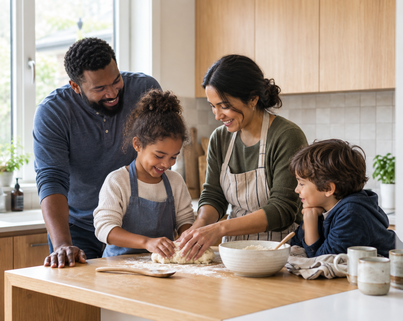 A father and mother stand in a kitchen together helping their son and daughter bake, representing family law services in Mississippi.