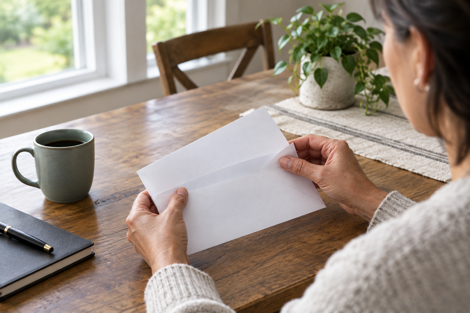 A woman sitting at a table with an open letter in her hand, representing Social Security Disability claims in Mississippi.