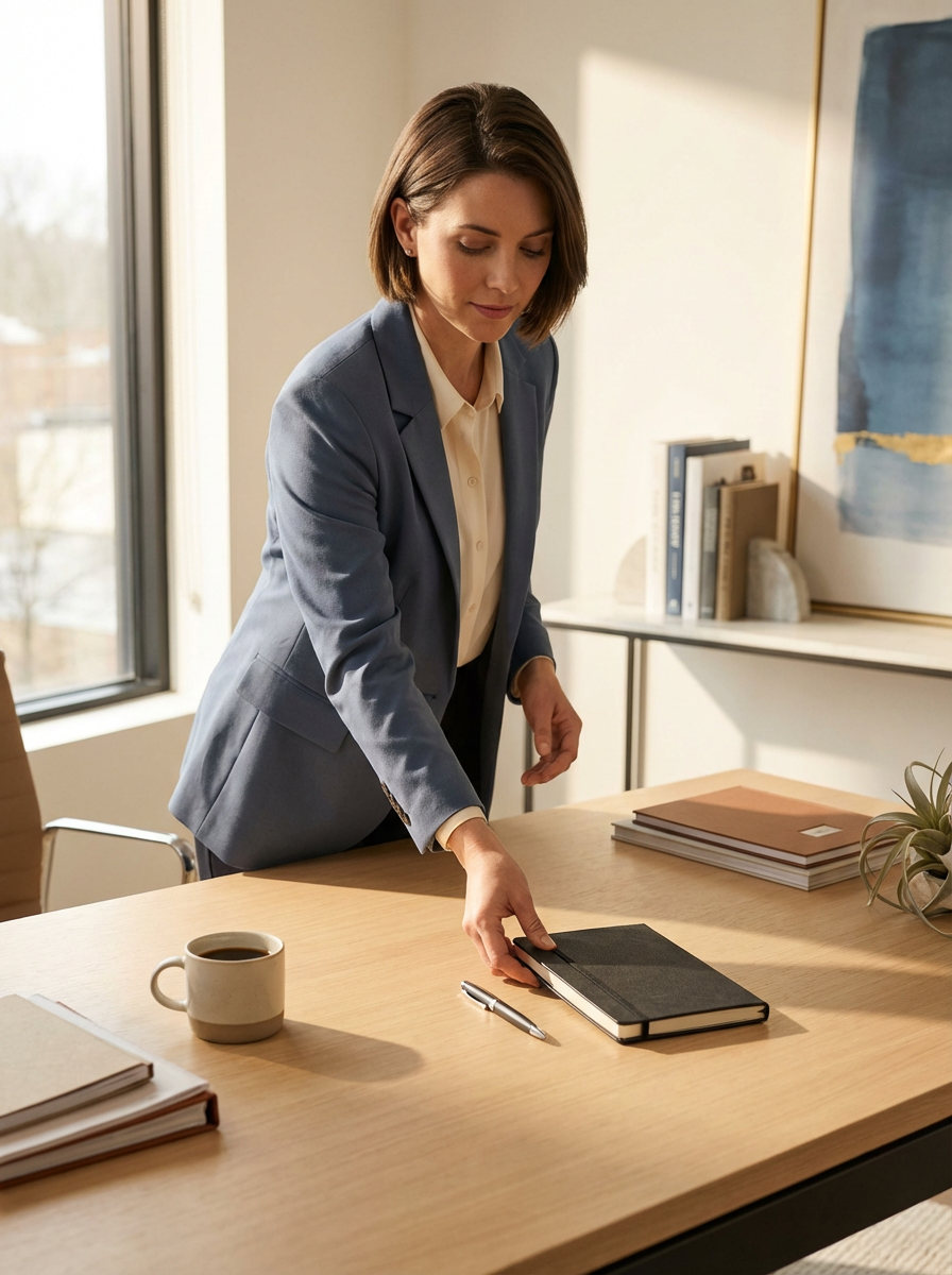 A woman in a gray blazer arranging a black notebook on a wooden desk in an office with sunlight coming through a window.