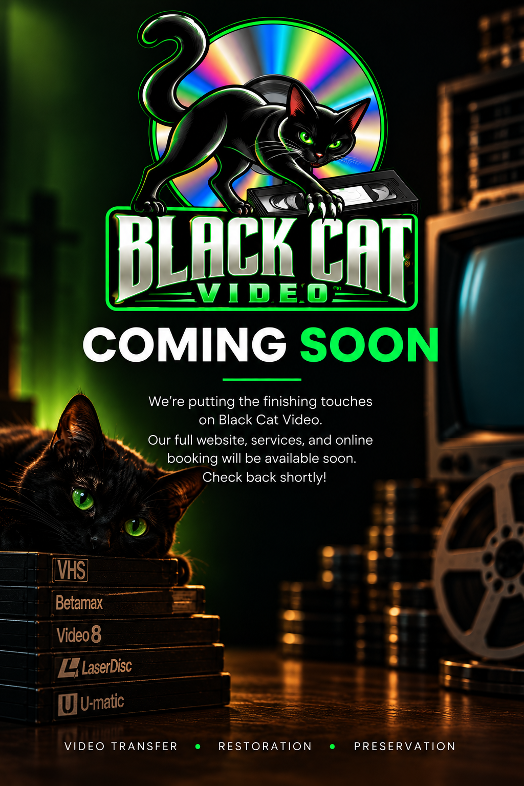 A promotional poster for Black Cat Video with two black cats, one with green eyes, surrounded by film reels, VHS tapes, and colorful lighting. The text announces the upcoming launch of Black Cat Video.
