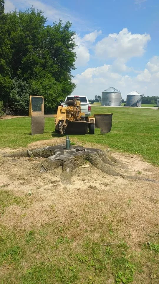 A tree stump with a metal water bottle on top, a construction vehicle and a vehicle in the background, and grain silos on a green field under a partly cloudy sky.