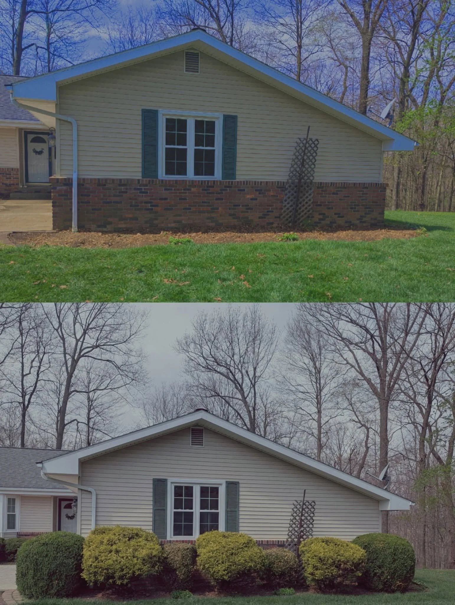 Before and after images of house siding and roof cleaning, showing a clean house above and a dirty house below.