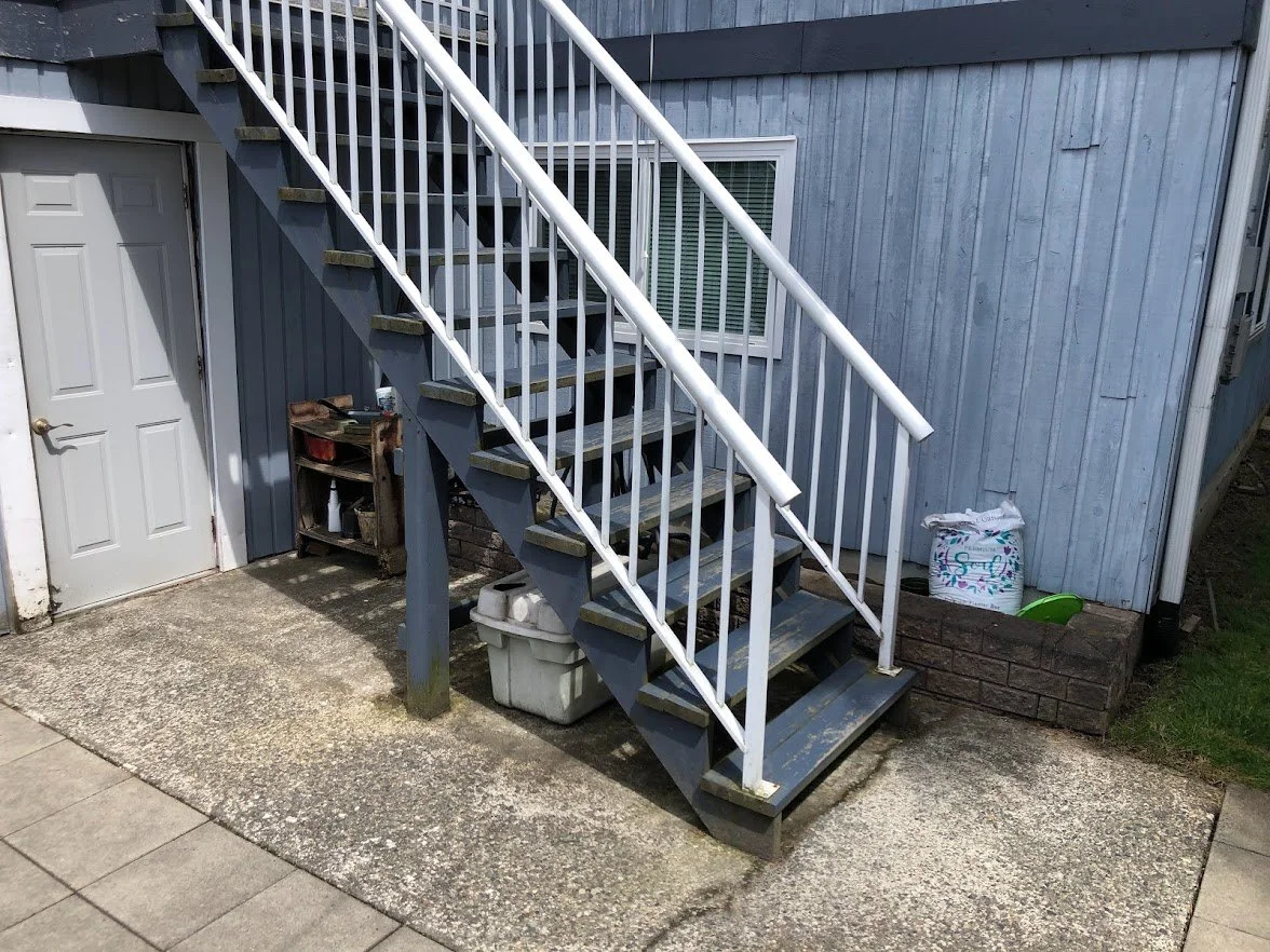 After pressure washing, before staining (solid hide stain) the steps!