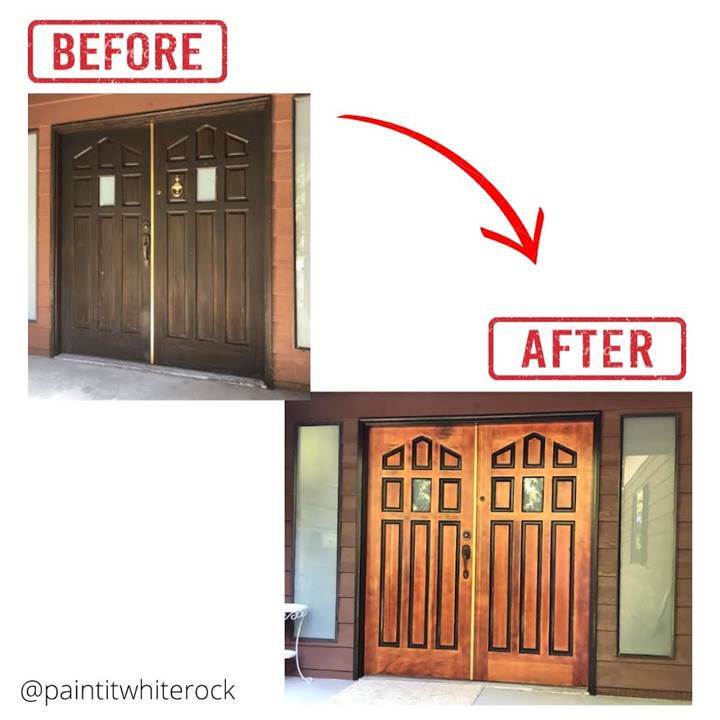 Refinished Front Door! We sanded it down, painted the groves / slots as requested by the homeowner, stained the wood, and then top coated it with a polyurethane clear coat to harden the coating and help it last longer!