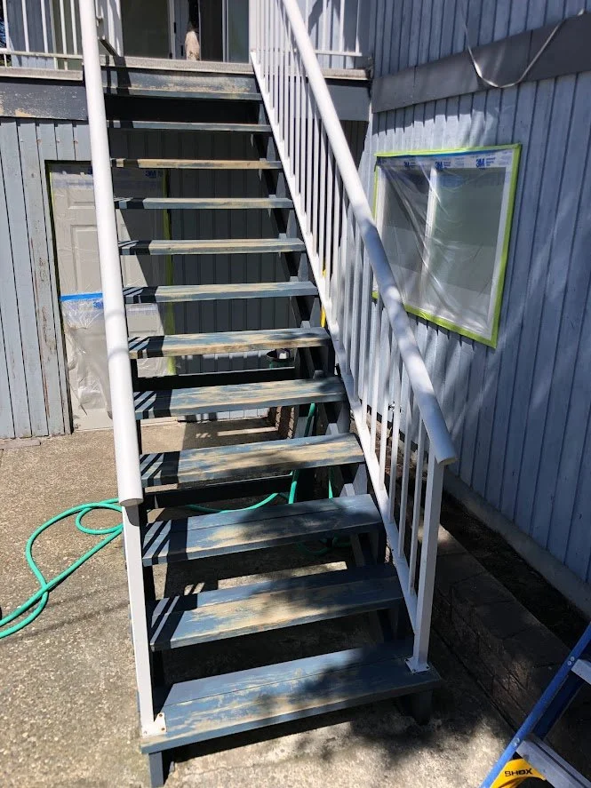 After pressure washing, before staining (solid hide stain) the steps!