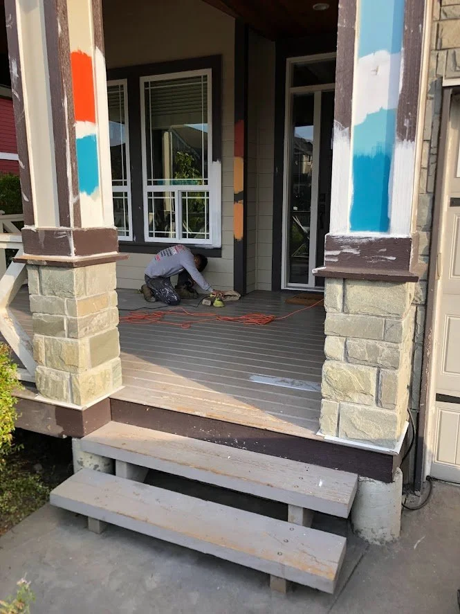 After pressure washing, before painting the house & staining the deck!