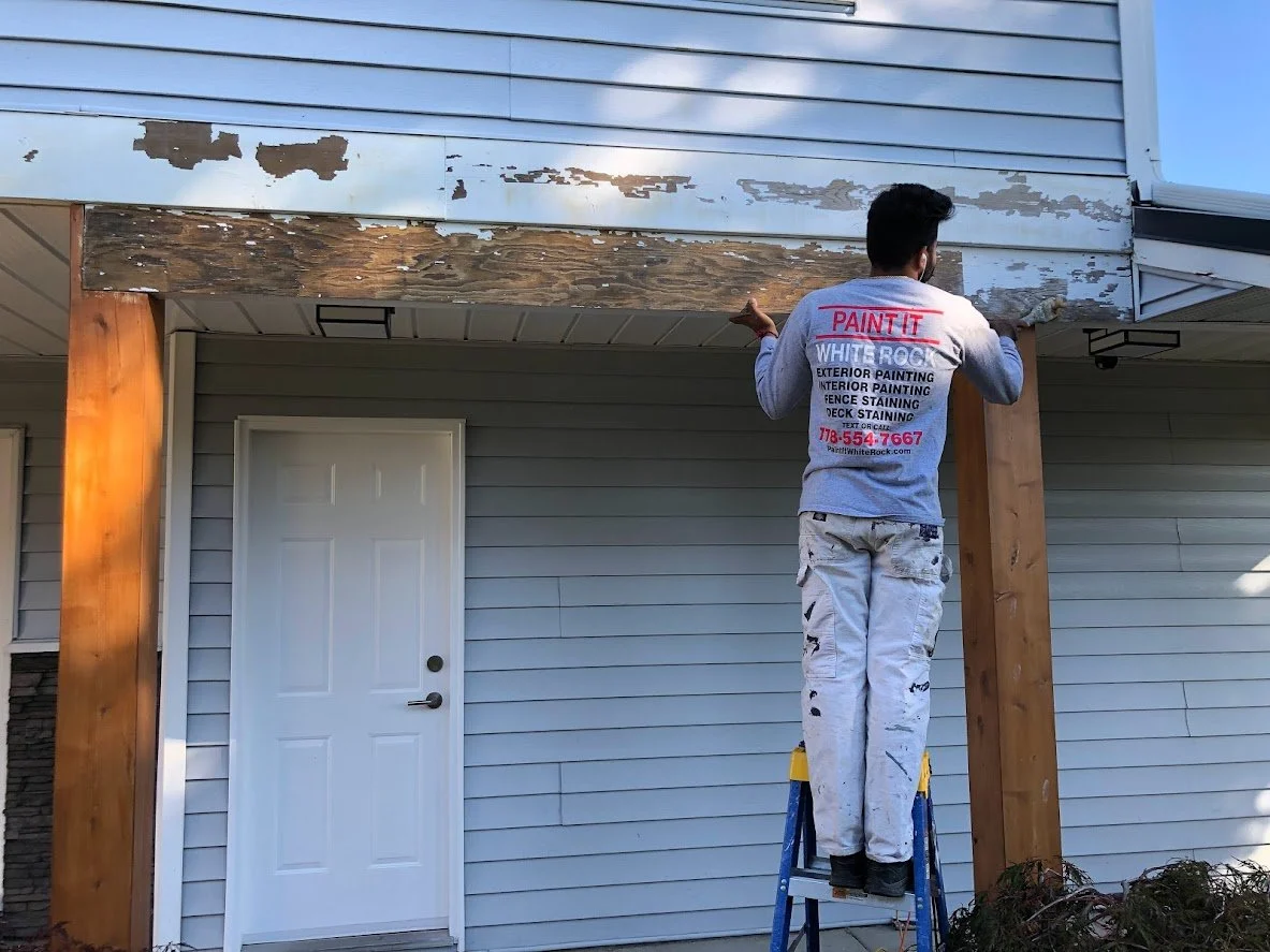 After pressure washing, we're scraping and sanding this peeling fascia board before we prime and then paint it!