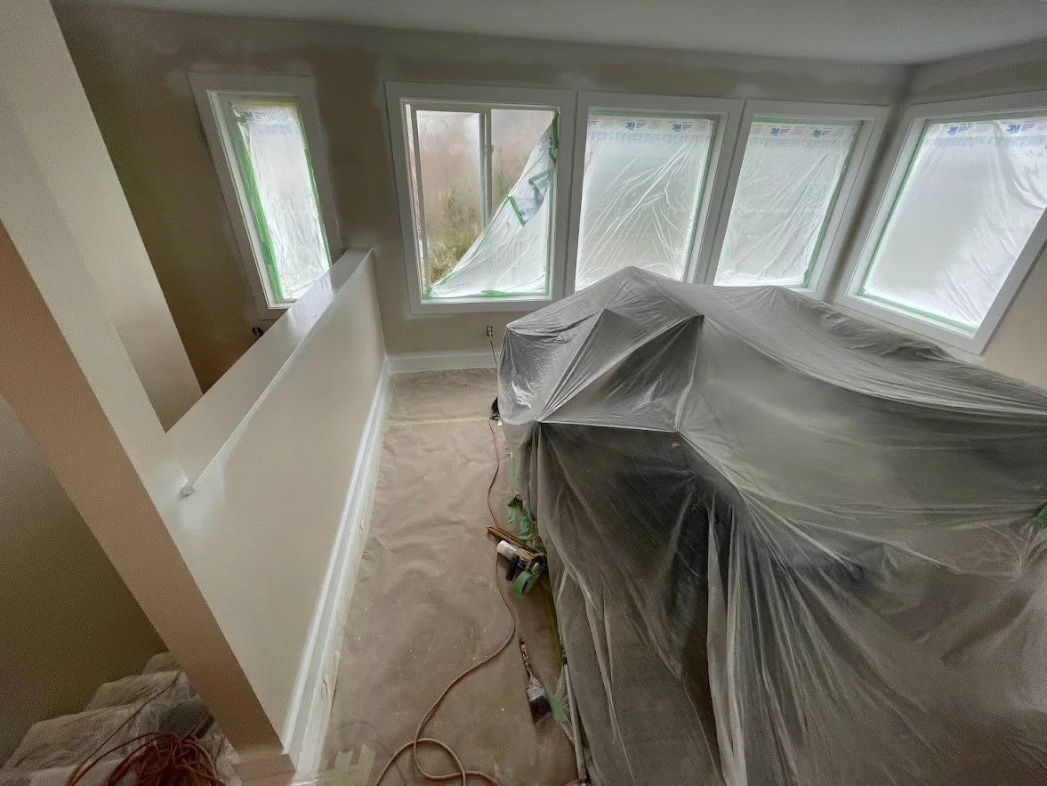 Spraying finished! Next up: unmasking and then the final coat on the walls!