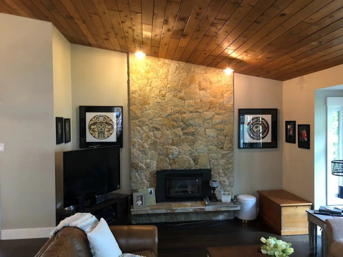 Before ... this beautiful wood ceiling had several stain marks, and it was too dark for the client, so we sprayed it a fresh, bright white!