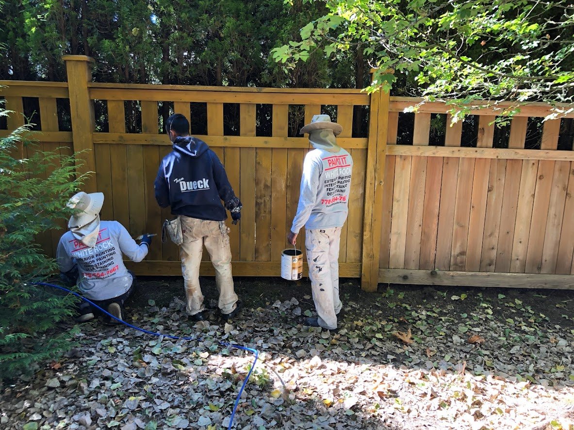 After pressure washing, spraying on the stain and then back brushing!