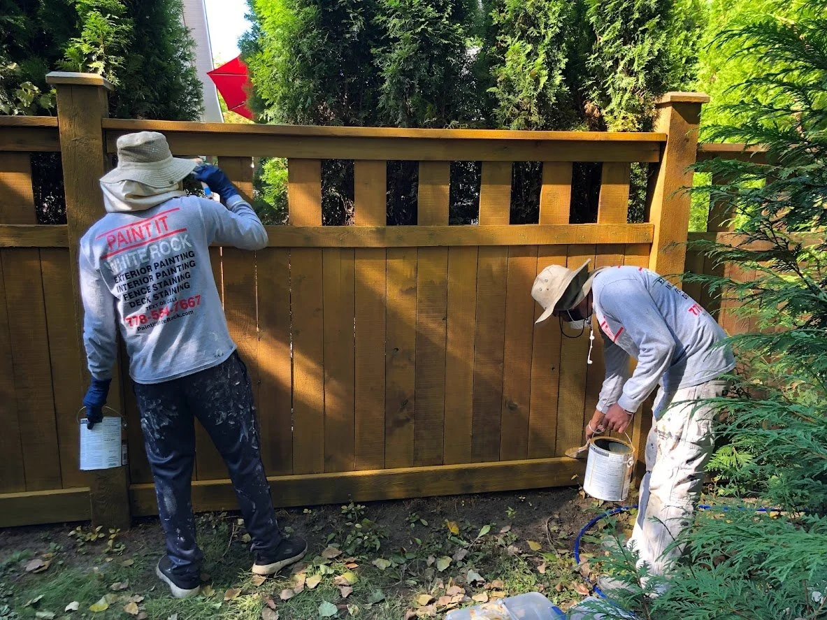 After pressure washing, spraying on the stain and then back brushing!