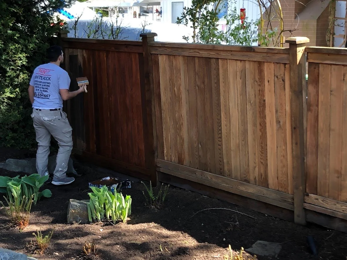 After pressure washing (and a couple days to dry) we are staining this fence!