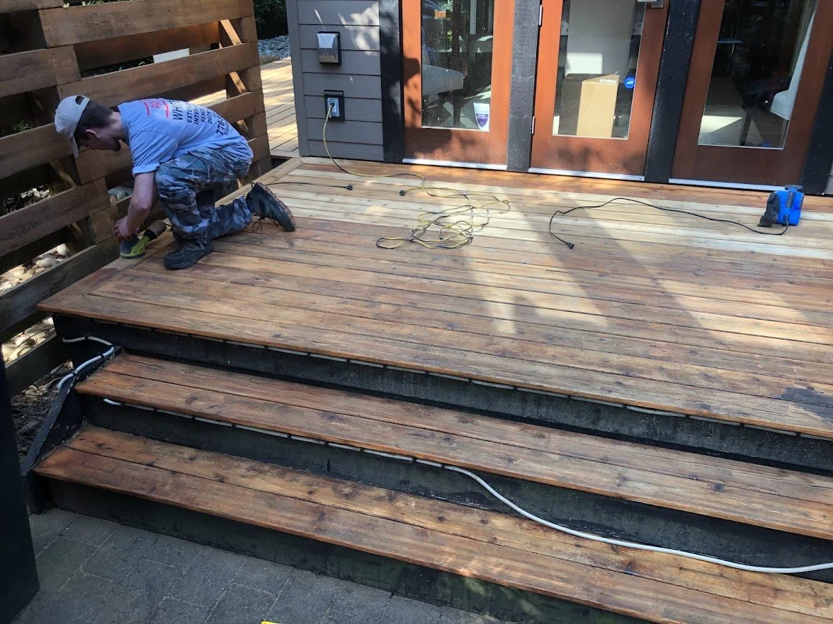 After pressure washing we are sanding this deck before staining!