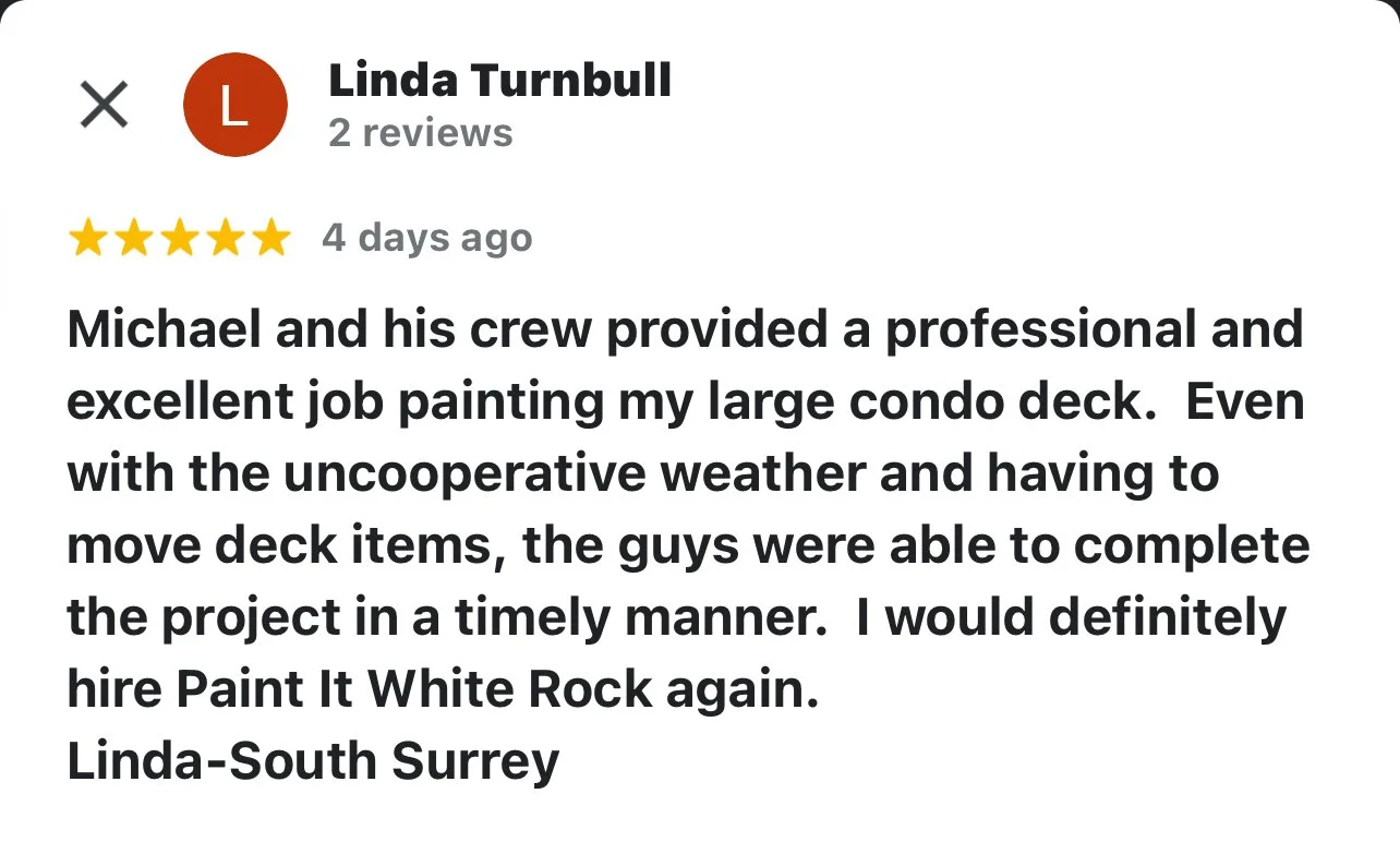 Linda's review of our deck staining at her strata building.