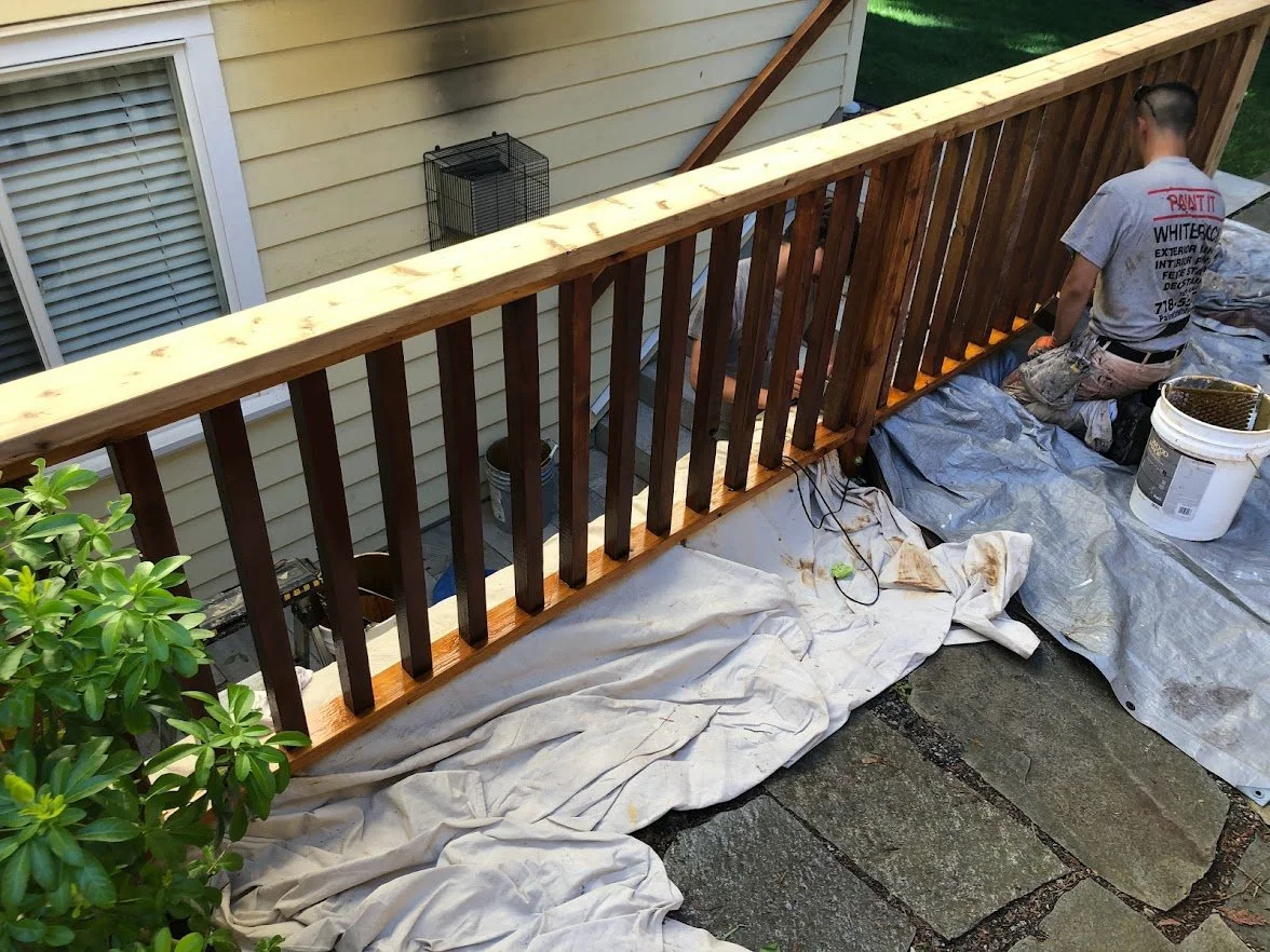 After pressure washing, after sanding, starting to stain!