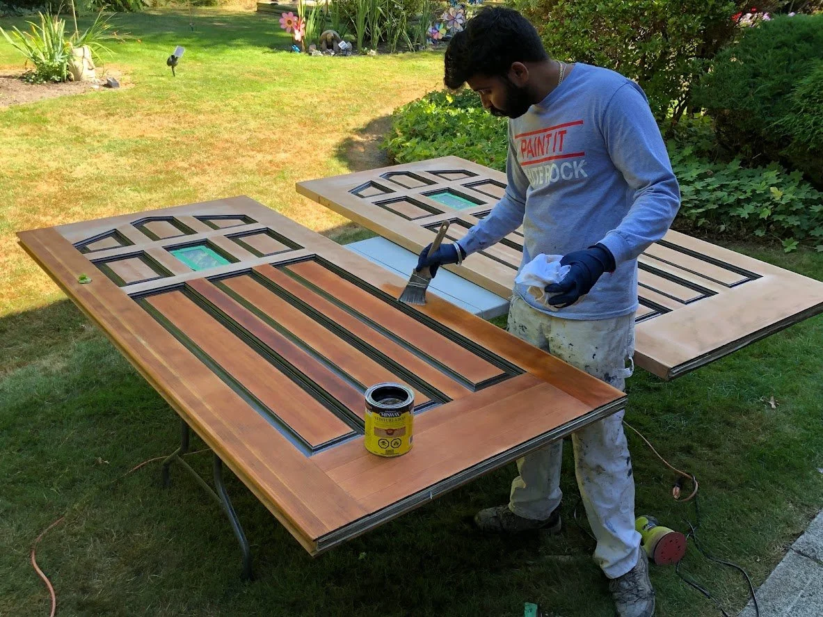 After sanding, painting the slots, now we're staining the wood!