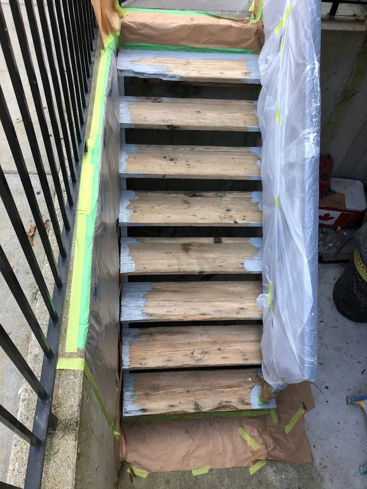 After pressure washing, after sanding, starting to stain (solid hide stain)!