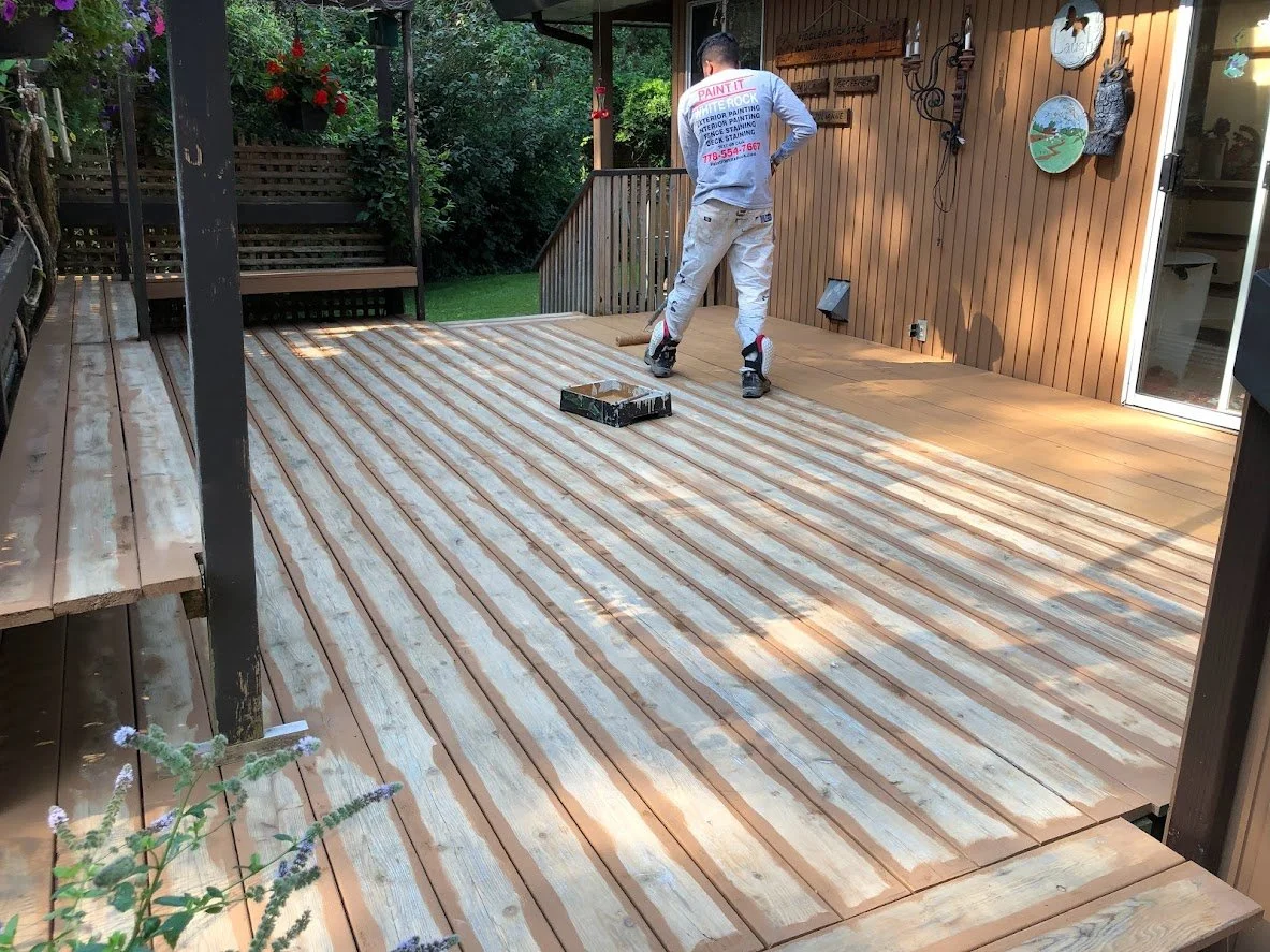 After pressure washing, sanding finished, we stain the gaps first before rolling this stain (solid hide stain) on!