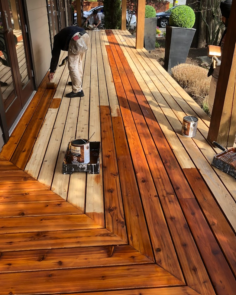 After sanding, during staining!