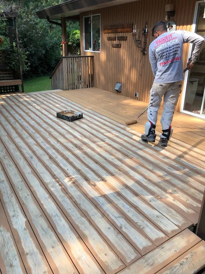 After pressure washing, sanding finished, we stain the gaps first before rolling this stain (solid hide stain) on!