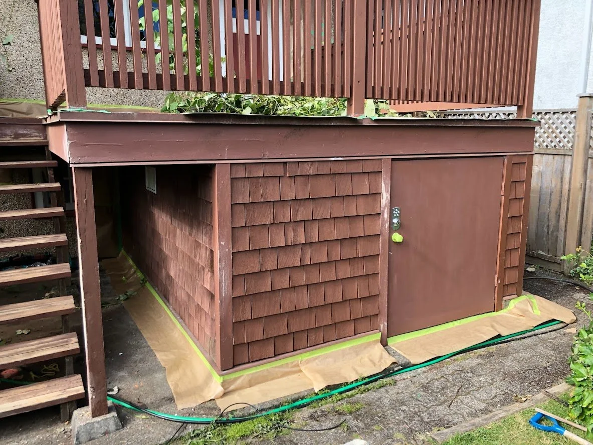 After pressure washing, after sanding, before staining!