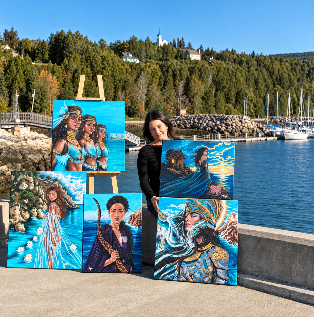 Une femme pose avec ses œuvres d'art à côté d'un quai au bord de l’eau, avec des montagnes, des arbres et des voiliers en arrière-plan.