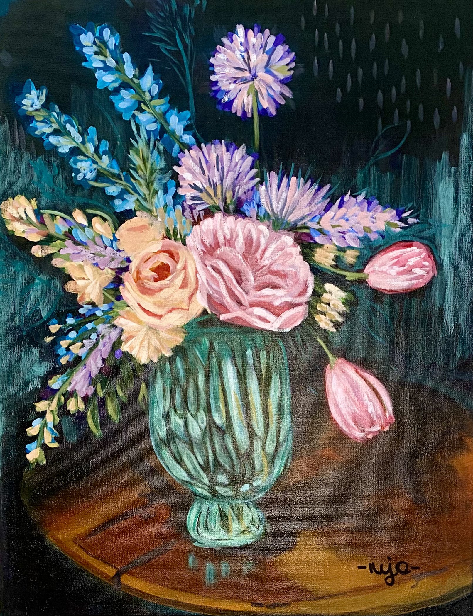 Un bouquet de fleurs colorées dans un vase en verre, peint dans un style artistique avec des couleurs vives et un fond sombre.