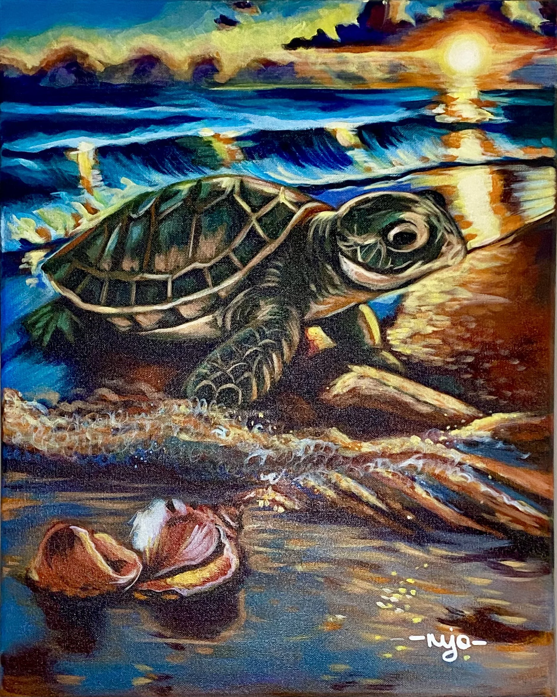 Une peinture impressionniste représentant un coucher de soleil sur une mer agitée, avec un tortue en premier plan sur un rivage de rochers et quelques fleurs. Signature 'Nyo' en bas à droite.