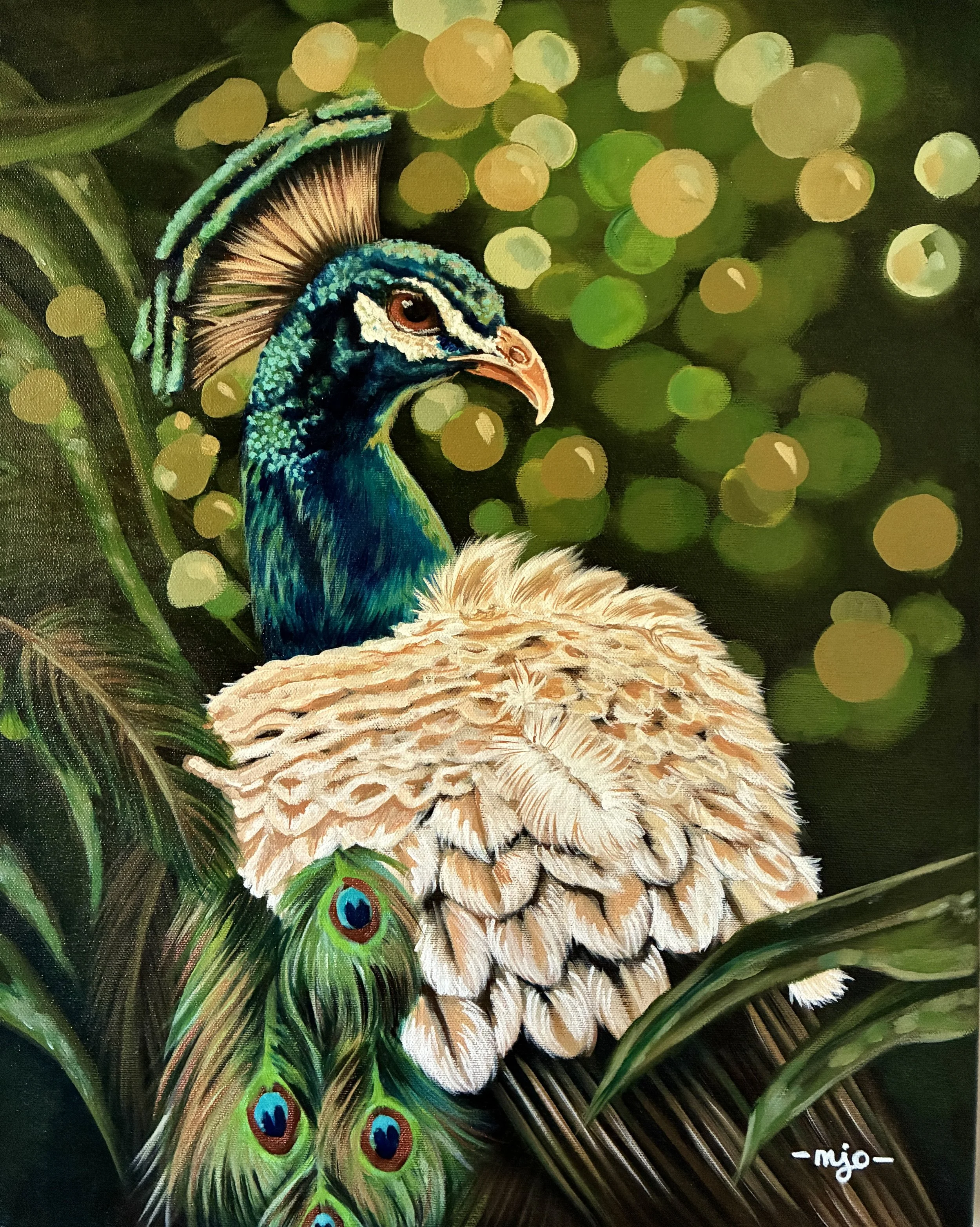Peinture représentant un paon avec ses plumes colorées, entouré de verdure et de lumières circulaires floues, signée 'miyo' en bas à droite.