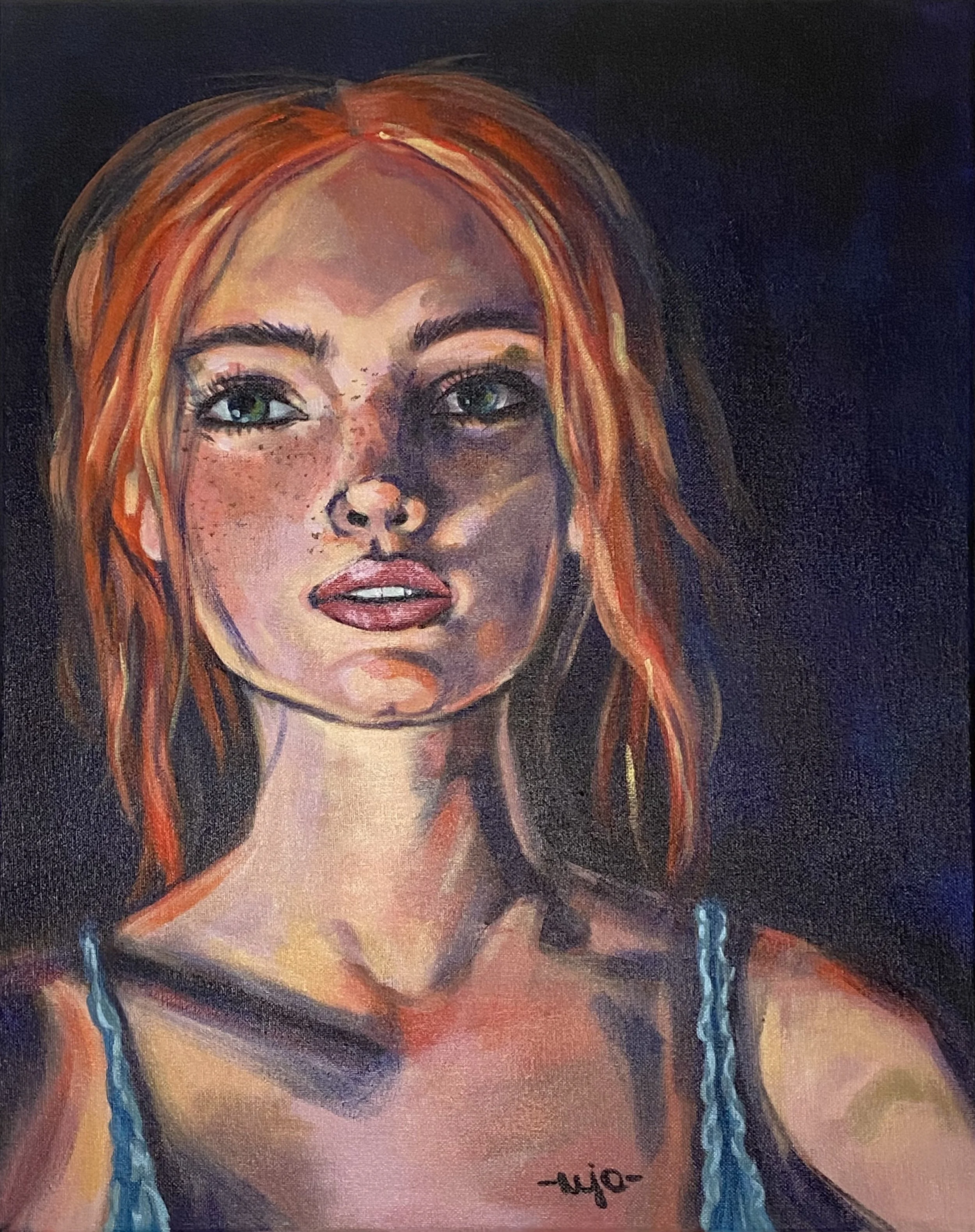 Un portrait peint d'une femme aux cheveux roux, avec des larmes qui coule sur ses joues. L'œuvre est signée 'Myo' en bas à droite.
