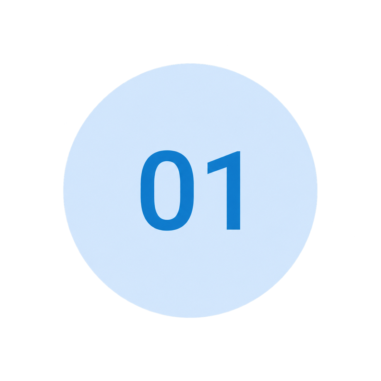 Close-up of a circular index card with the number '01' in large blue font.