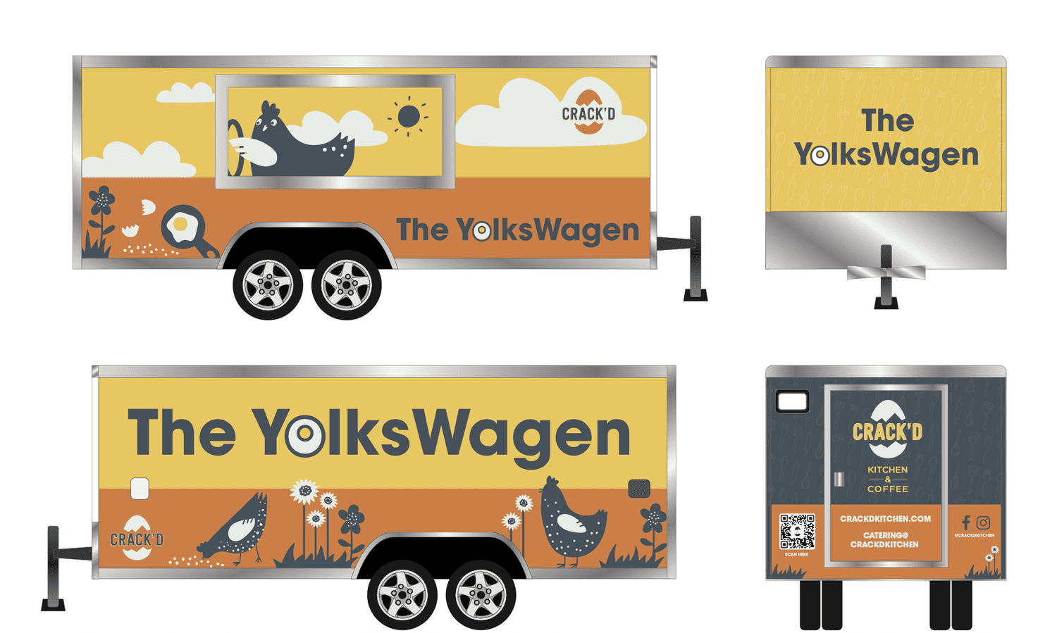 Colorful food truck and trailer for 'The YolksWagen' with chicken and egg illustrations, logo 'CRACK'D', and restaurant info for 'CRACK'D Kitchen & Coffee'.