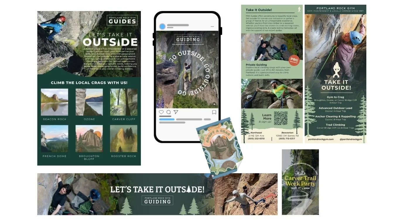 Collage of promotional materials for outdoor rock climbing activities and guided tours, including brochures, posters, and a mobile phone screen showing an Instagram post, featuring images of people climbing on rock faces and scenic outdoor locations.