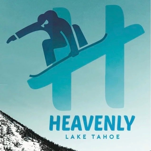 Silhouette of a person snowboarding, integrated into a large stylized letter 'H' with the words 'Heavenly Lake Tahoe' below.