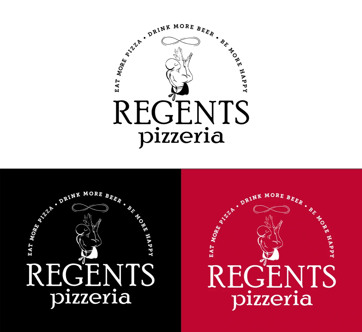 Logo for Regents Pizzeria featuring a stylized chef with a mustache, wearing a chef's hat and apron, holding a pizza, encircled by the text "Eat More Pizza, Drink More Beer, Be More Happy." The logo is shown in three color schemes: black on white, wh