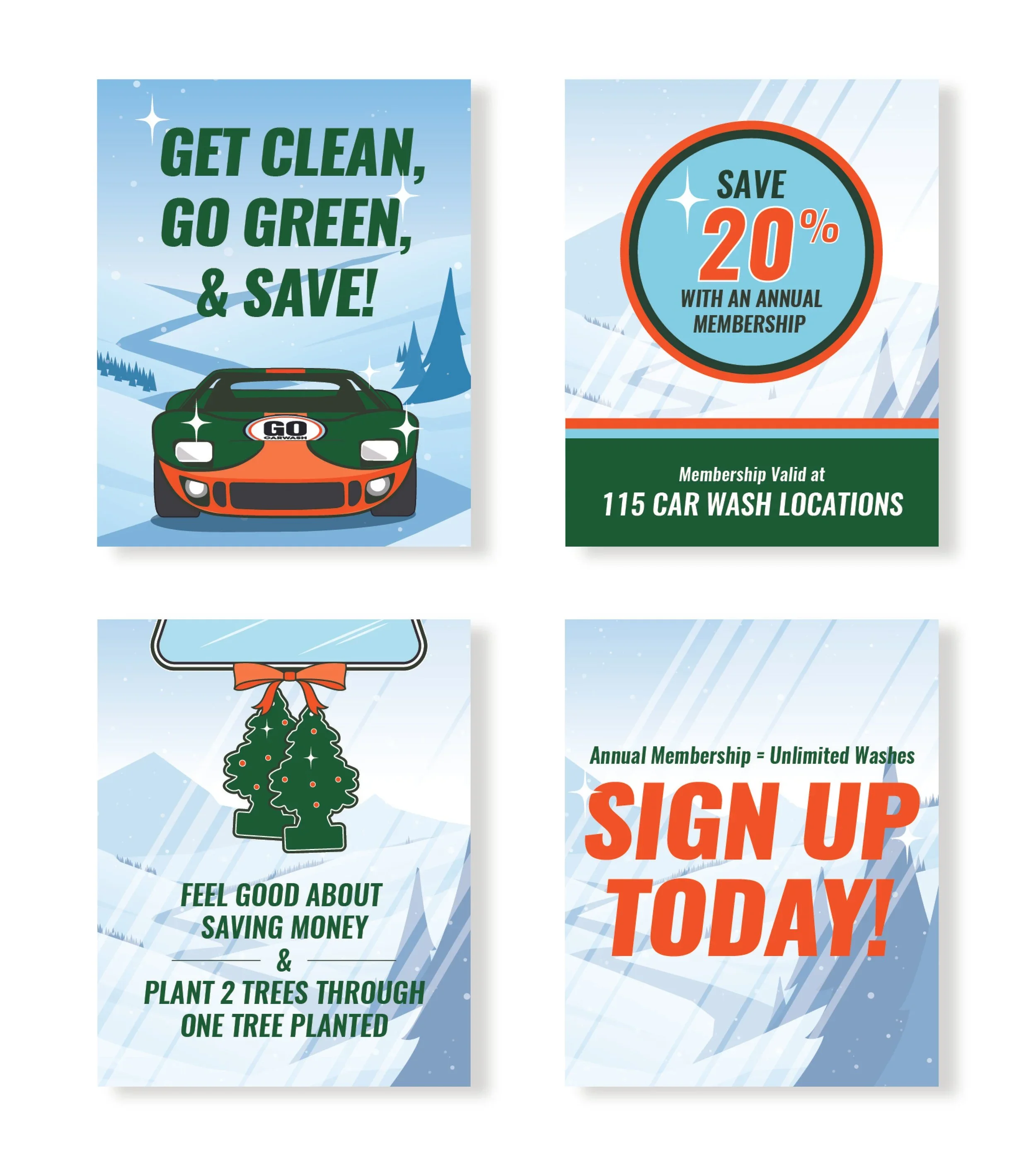 Collection of signs promoting environmentally friendly actions and memberships, including saving money and planting trees, with a car wash advertisement at the top.