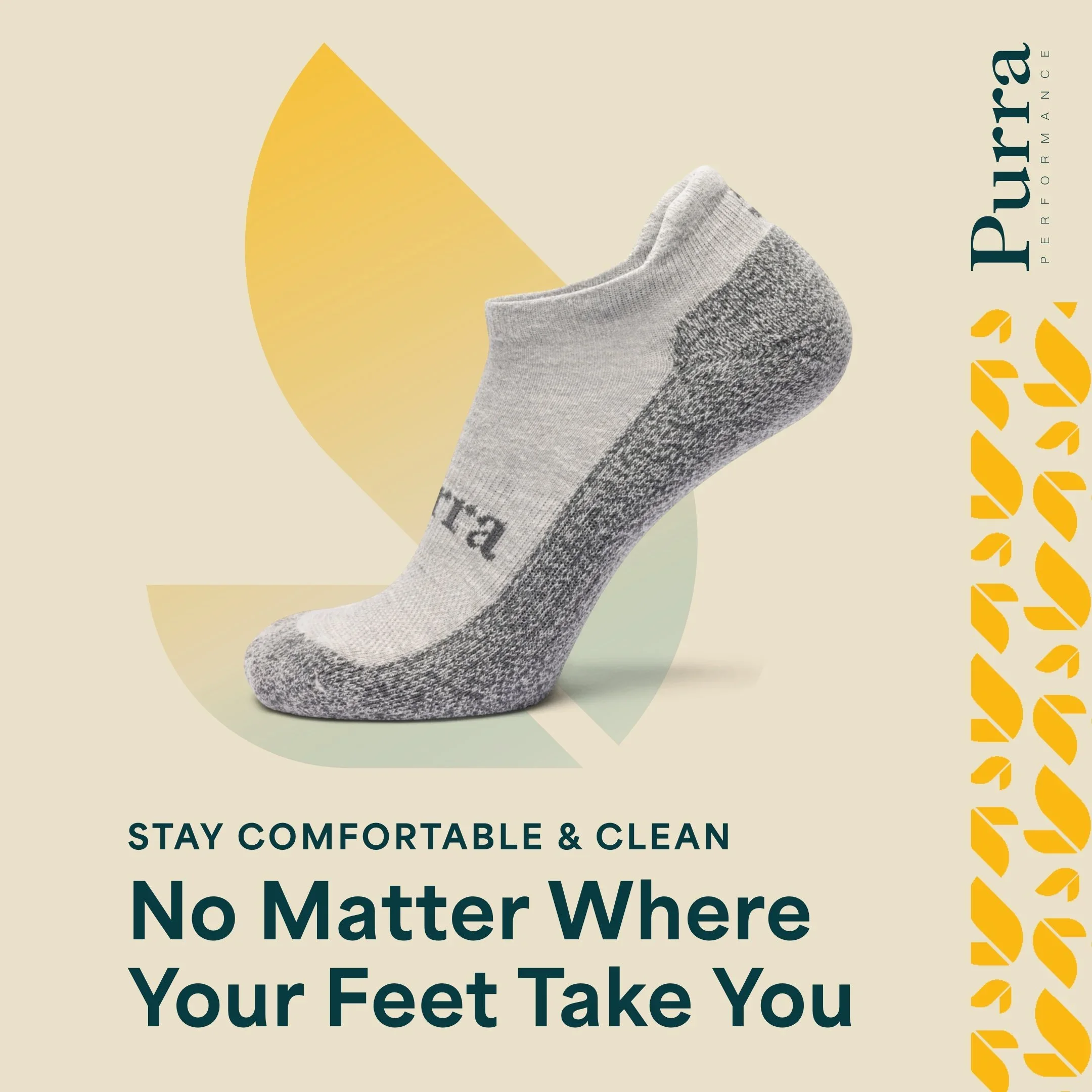 A pair of gray and white socks with a textured pattern, displayed against a light background with yellow and green abstract shapes, and text encouraging staying comfortable and clean, emphasizing foot health.