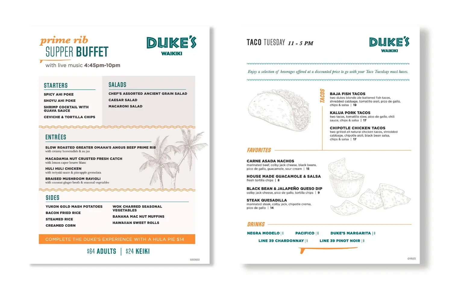 Duke's Waikiki restaurant menu featuring Prime Rib Supper Buffet, starters, salads, entrees, sides, tacos, favorites, and drinks with illustrations of a taco, a bowl of guacamole, and chips.
