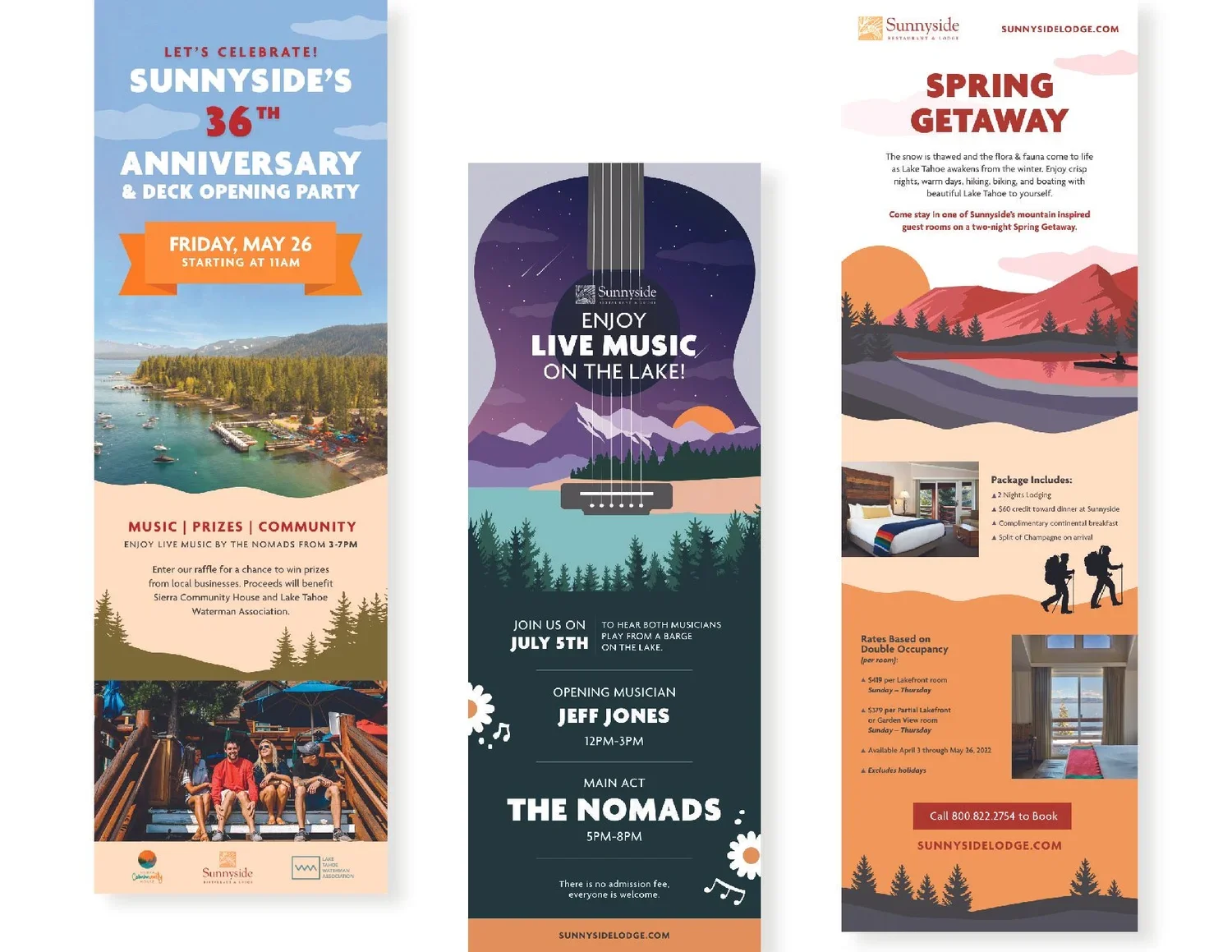 Three promotional flyers for Sunnyside Lodge. The first promotes Sunnyside's 36th anniversary and deck opening party on May 26 at 11 AM with details about music, prizes, and community fundraising. The second advertises a live music event on Lake Taho