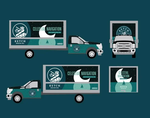 Graphic illustration of two trucks and two delivery boxes featuring a design with a moon, a spaceship, and the text 'Celestial Navigation' and 'Ketch Brewing.'