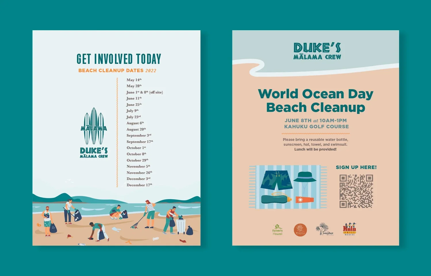 Flyers for beach cleanup events, including dates and details for World Ocean Day on June 8th at Kahaku Golf Course, and a list of scheduled cleanup dates from May to December. The flyers feature illustrations of people collecting trash on the beach a