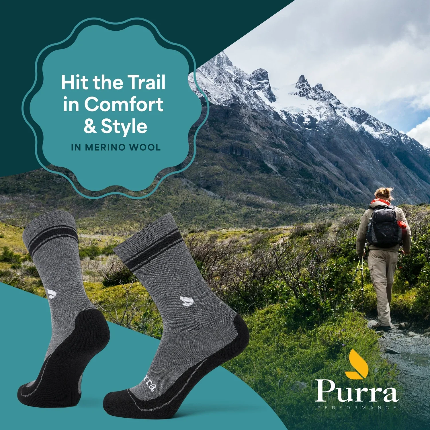 Image of Merino wool socks with a mountain hiking scene and a person hiking with a backpack in a mountainous landscape. Branding for Purra Performance.