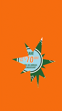 Promotional offer with a starburst shape on an orange background, advertising up to $70 off an annual membership.