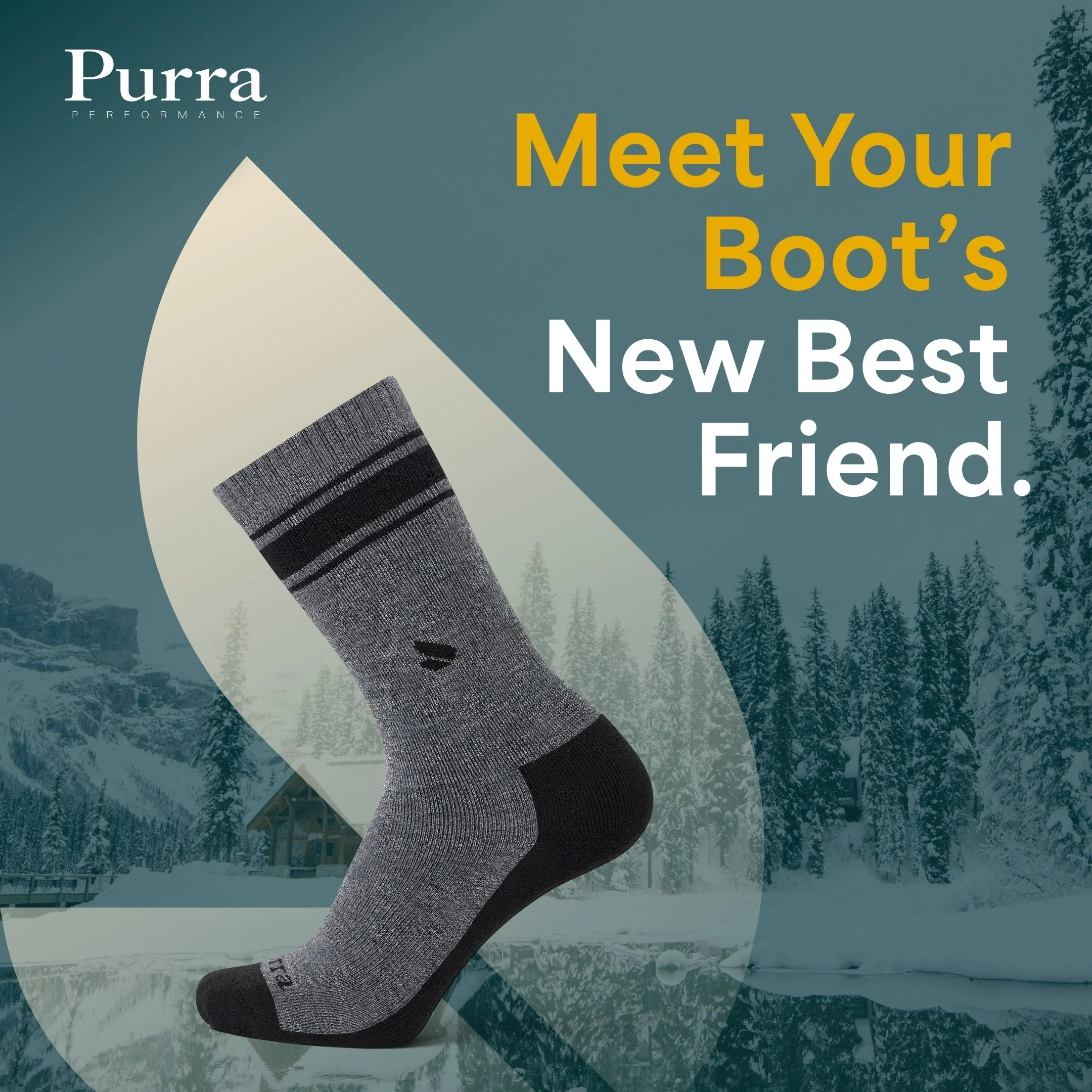 A person's leg wearing a gray sock, raised in the air, with a snowy mountain and forest background, overlaid with text about meeting a boot's new best friend.